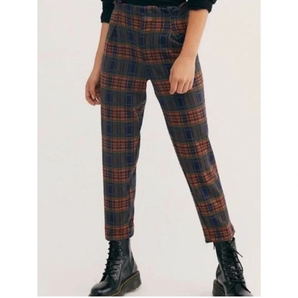 Free People Pants Womens S Brecan High Rise Pleated Plaid Ankle Crop